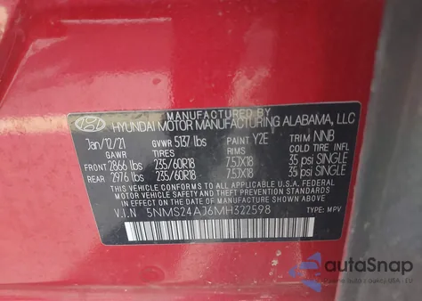 2021 Hyundai Santa Fe Sel from USA, damaged, VIN 5NMS24AJ6MH322598